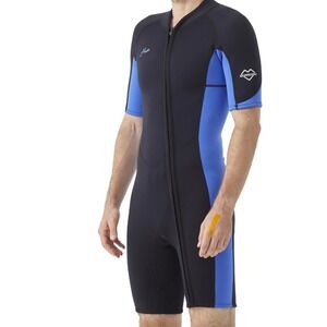 Hevto Mens 2mm Neoprene Shorty Wetsuit Black Blue Surfing Swim 4XL front zip